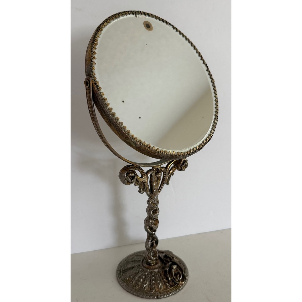 Vintage Ornate Rose Ormolu Pedestal Vanity Mirror Double Sided Swivel Gold Tone